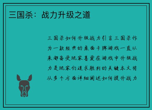 三国杀：战力升级之道