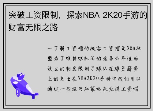 突破工资限制，探索NBA 2K20手游的财富无限之路